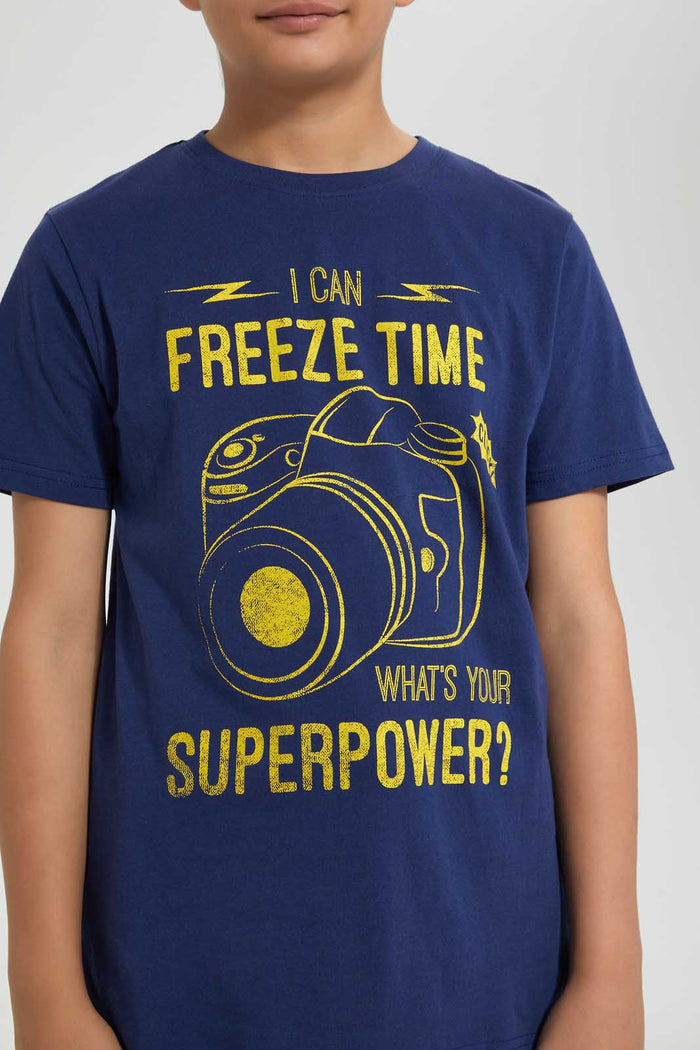 Redtag-Navy-Freeze-Time-Tee-Graphic-T-Shirts-Senior-Boys-9 to 14 Years