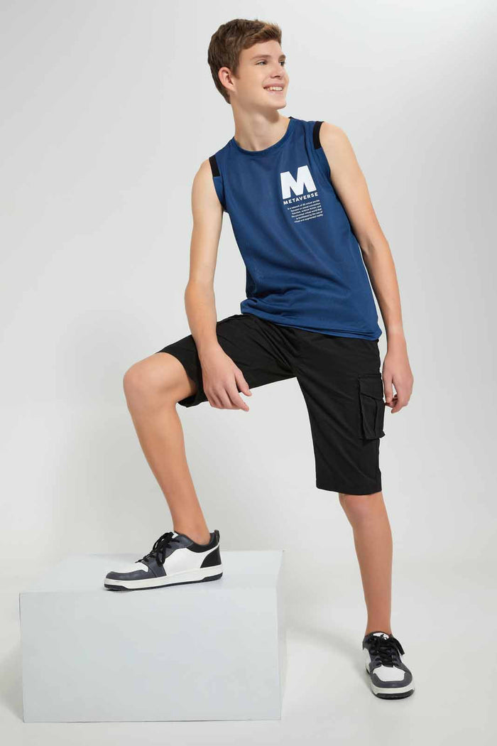 Redtag-Blue-Sleeveless-Vest-Tee-Plain-T-Shirts-Senior-Boys-9 to 14 Years