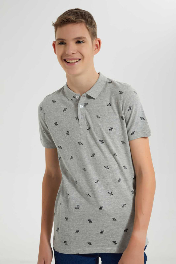 Redtag-Grey-Melange-Allover-Polo-Tee-Polo-Shirts-Senior-Boys-9 to 14 Years