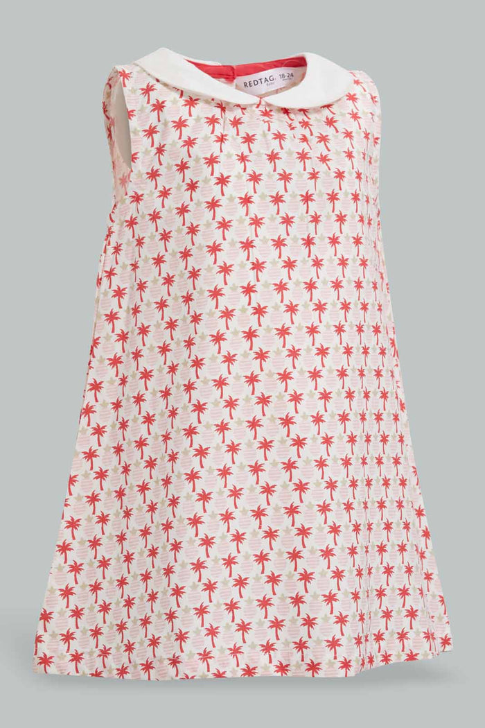 Redtag-White-Palm-Aop-Peter-Pan-Collar-Dress-Dresses-Infant-Girls-3 to 24 Months