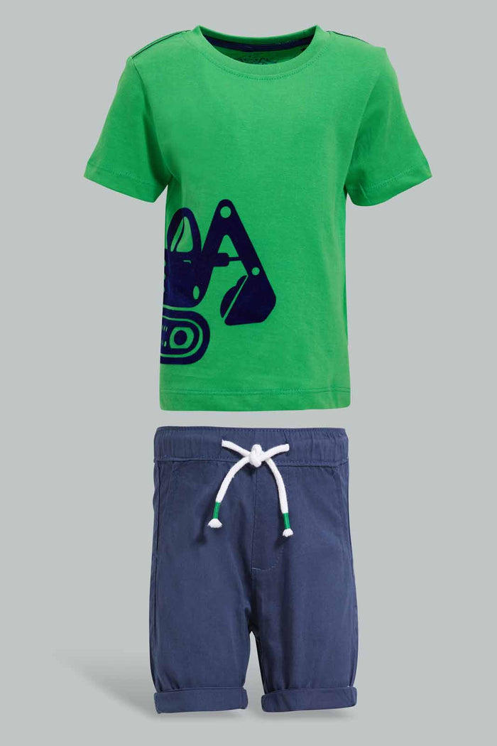 Redtag-Green-Digger-Tshirt-With-Navy-Trousershort-Sets-Infant-Boys-3 to 24 Months