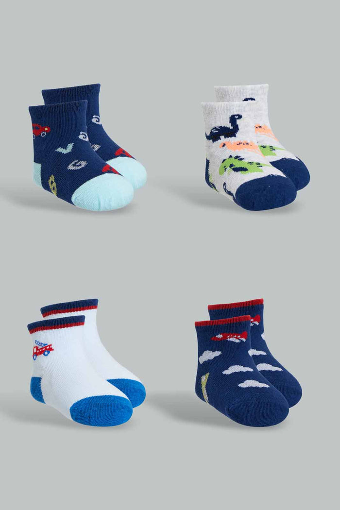 Redtag-Blue-Grey-Car-And-Dino-Printed-4-Pack-Socks-(Ankle-Length)-365,-Category:Socks,-Colour:Assorted,-Deals:New-In,-Filter:Infant-Boys-(3-to-24-Mths),-INB-Socks,-New-In-INB-APL,-Non-Sale,-Section:Boys-(0-to-14Yrs)-Infant-Boys-3 to 24 Months