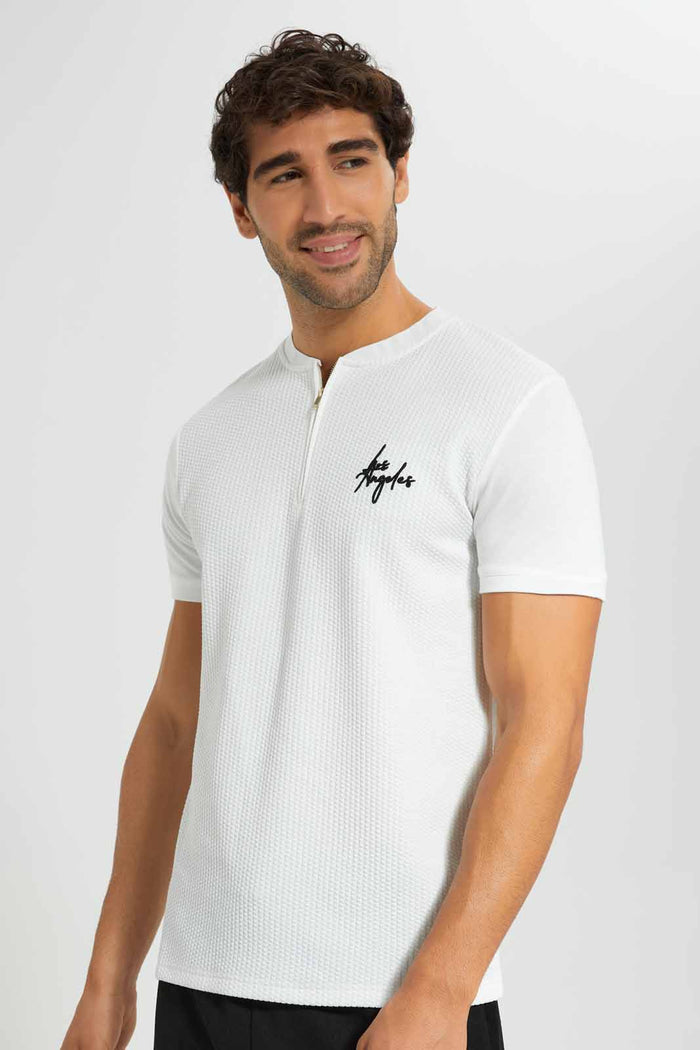 Redtag-White-Zip-Placket-T-Shirt-Category:T-Shirts,-Colour:White,-Deals:New-In,-EID,-Filter:Men's-Clothing,-Men-T-Shirts,-New-In-Men,-Non-Sale,-Section:Men,-W22O-Men's-