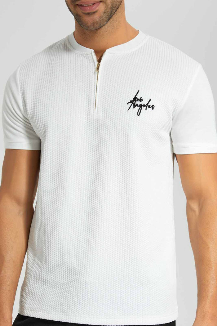 Redtag-White-Zip-Placket-T-Shirt-Category:T-Shirts,-Colour:White,-Deals:New-In,-EID,-Filter:Men's-Clothing,-Men-T-Shirts,-New-In-Men,-Non-Sale,-Section:Men,-W22O-Men's-