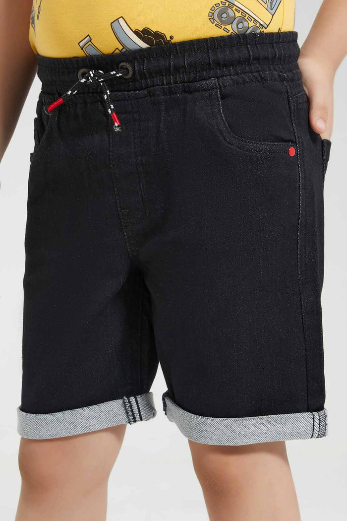Redtag-Black-Knit-Denim-Elasticated-Waist-Shorts-BOY-Shorts,-Category:Shorts,-Colour:Black,-Deals:New-In,-Filter:Boys-(2-to-8-Yrs),-New-In-BOY-APL,-Non-Sale,-Section:Boys-(0-to-14Yrs),-TBL,-W22O-Boys-2 to 8 Years