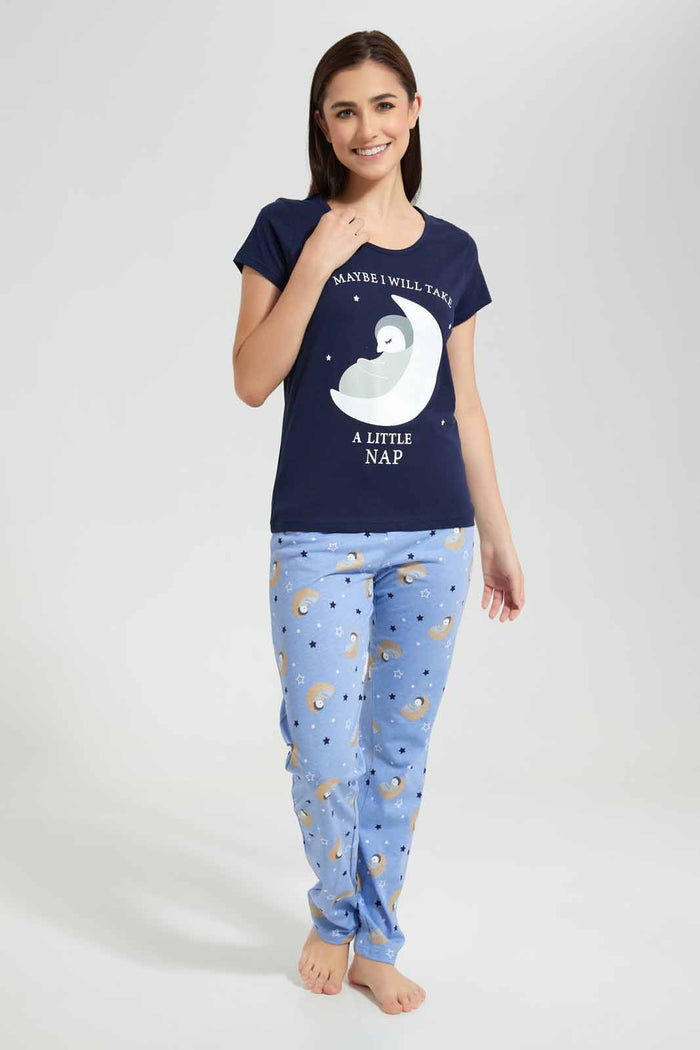 Redtag-Navy-Moon-Printed-Pyjama-Set-Category:Pyjama-Sets,-Colour:Navy,-Deals:New-In,-Filter:Women's-Clothing,-New-In-Women,-Non-Sale,-Section:Women,-TBL,-W22O,-Women-Pyjama-Sets--