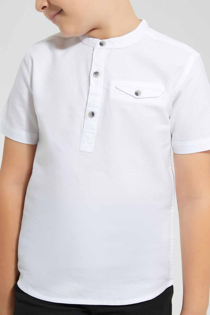 Redtag-White-Oxford-Henley-Collar-SS-Shirt-BOY-Shirts,-Category:Shirts,-Colour:White,-Deals:New-In,-Filter:Boys-(2-to-8-Yrs),-New-In-BOY-APL,-Non-Sale,-Section:Boys-(0-to-14Yrs),-VLM,-W22O-Boys-2 to 8 Years