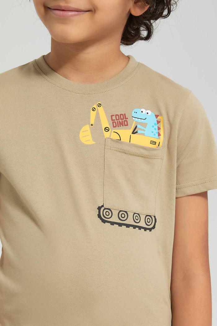 Redtag-Stone-Dino-Print-Pocket-SS-T-Shirt-BOY-T-Shirts,-Category:T-Shirts,-Colour:Beige,-Deals:New-In,-Filter:Boys-(2-to-8-Yrs),-New-In-BOY,-Non-Sale,-Section:Boys-(0-to-14Yrs),-TBL,-W22O-Boys-2 to 8 Years