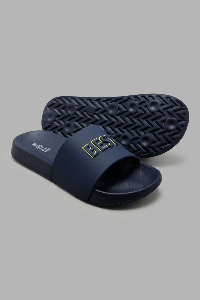 Redtag-Navy-Slogan-Print-Slide-BSR-Flip-Flops,-Category:Flip-Flops,-Colour:Navy,-Deals:New-In,-Filter:Boys-Footwear-(5-to-14-Yrs),-New-In-BSR-FOO,-Non-Sale,-Section:Boys-(0-to-14Yrs),-W22A-Senior-Boys-5 to 14 Years