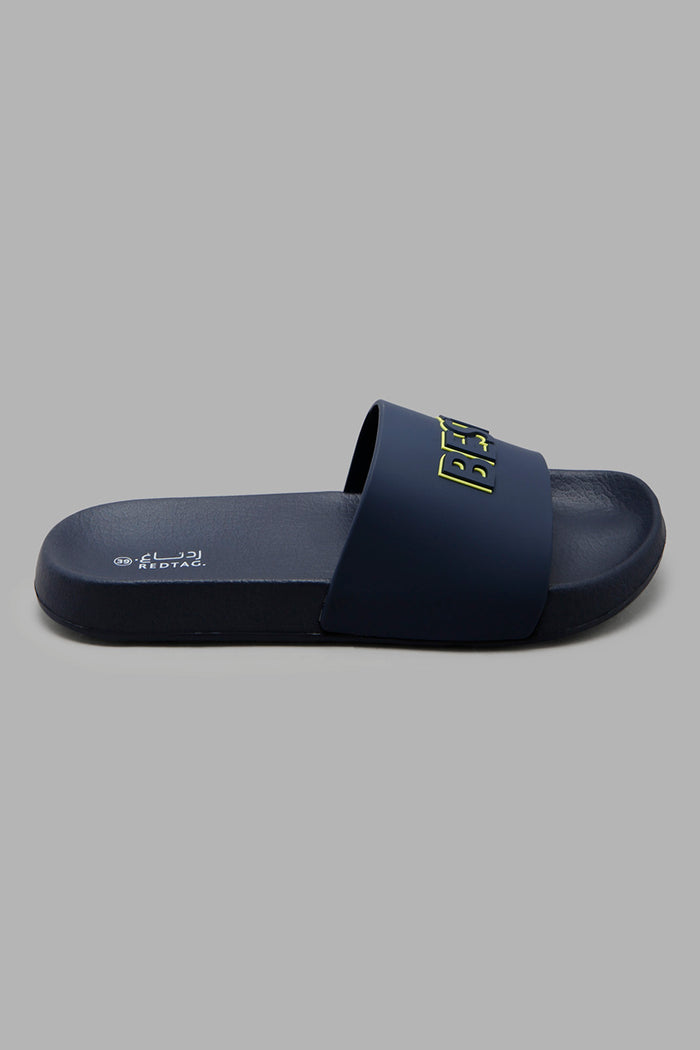 Redtag-Navy-Slogan-Print-Slide-BSR-Flip-Flops,-Category:Flip-Flops,-Colour:Navy,-Deals:New-In,-Filter:Boys-Footwear-(5-to-14-Yrs),-New-In-BSR-FOO,-Non-Sale,-Section:Boys-(0-to-14Yrs),-W22A-Senior-Boys-5 to 14 Years