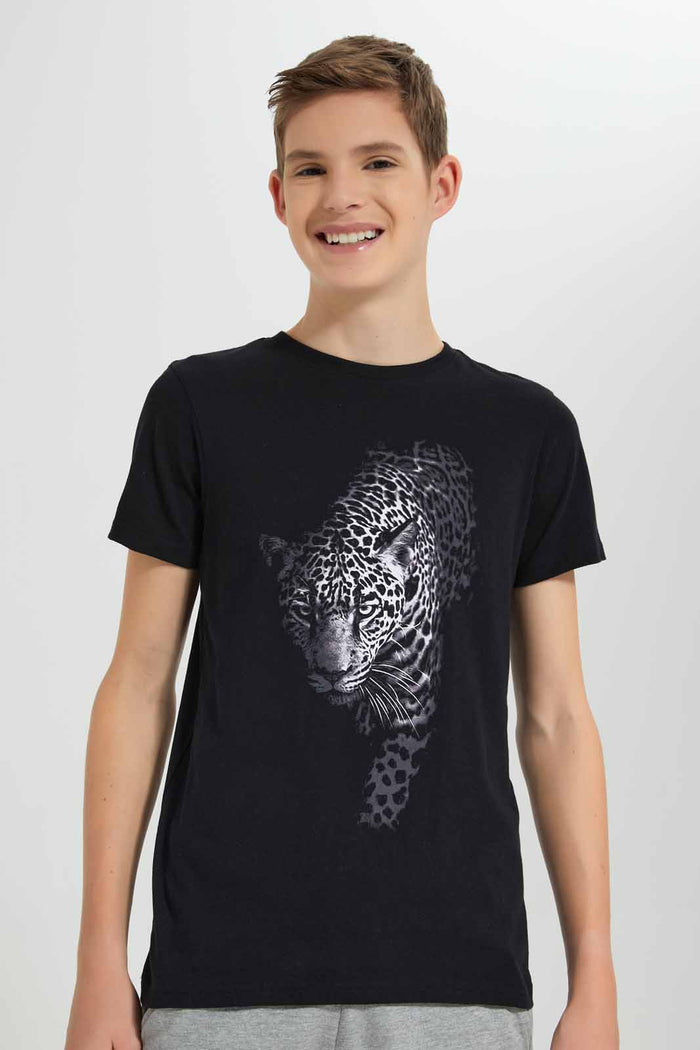 Redtag-Black-Leopard-Graphic-T-Shirt-BSR-T-Shirts,-Category:T-Shirts,-Colour:Black,-Deals:New-In,-Filter:Senior-Boys-(9-to-14-Yrs),-New-In-BSR-APL,-Non-Sale,-Section:Boys-(0-to-14Yrs),-TBL,-W22O-Senior-Boys-9 to 14 Years