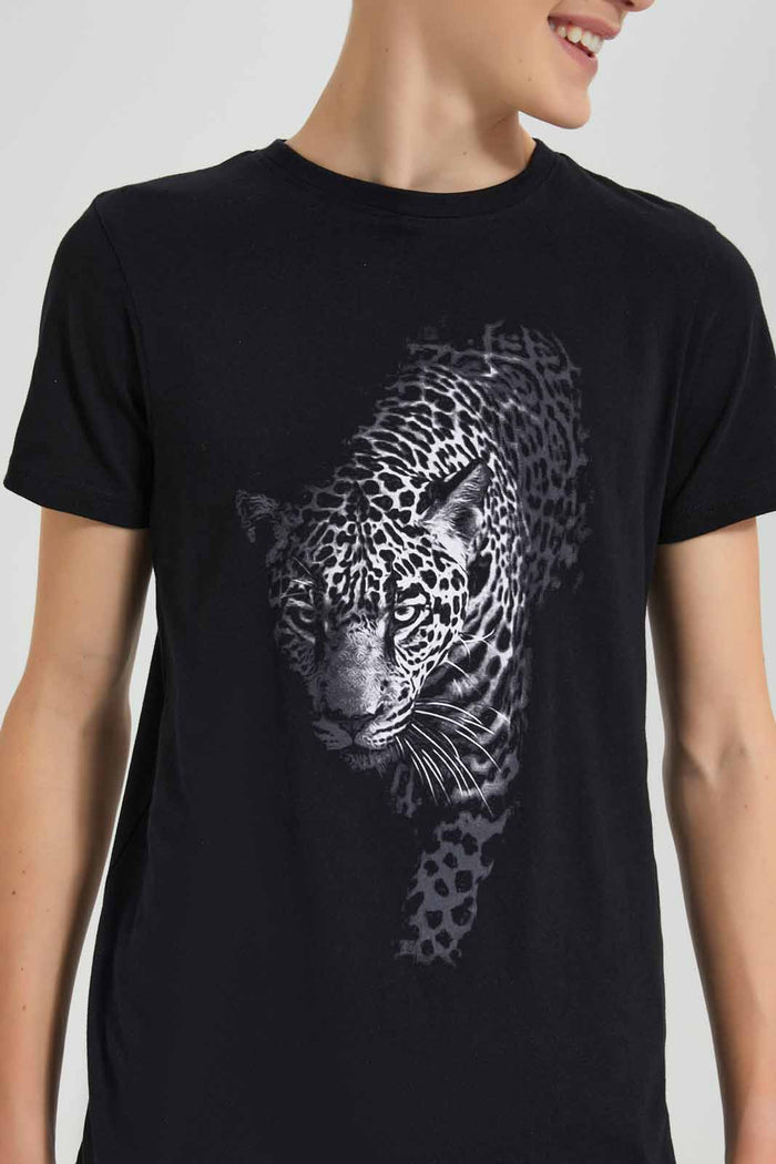 Redtag-Black-Leopard-Graphic-T-Shirt-BSR-T-Shirts,-Category:T-Shirts,-Colour:Black,-Deals:New-In,-Filter:Senior-Boys-(9-to-14-Yrs),-New-In-BSR-APL,-Non-Sale,-Section:Boys-(0-to-14Yrs),-TBL,-W22O-Senior-Boys-9 to 14 Years