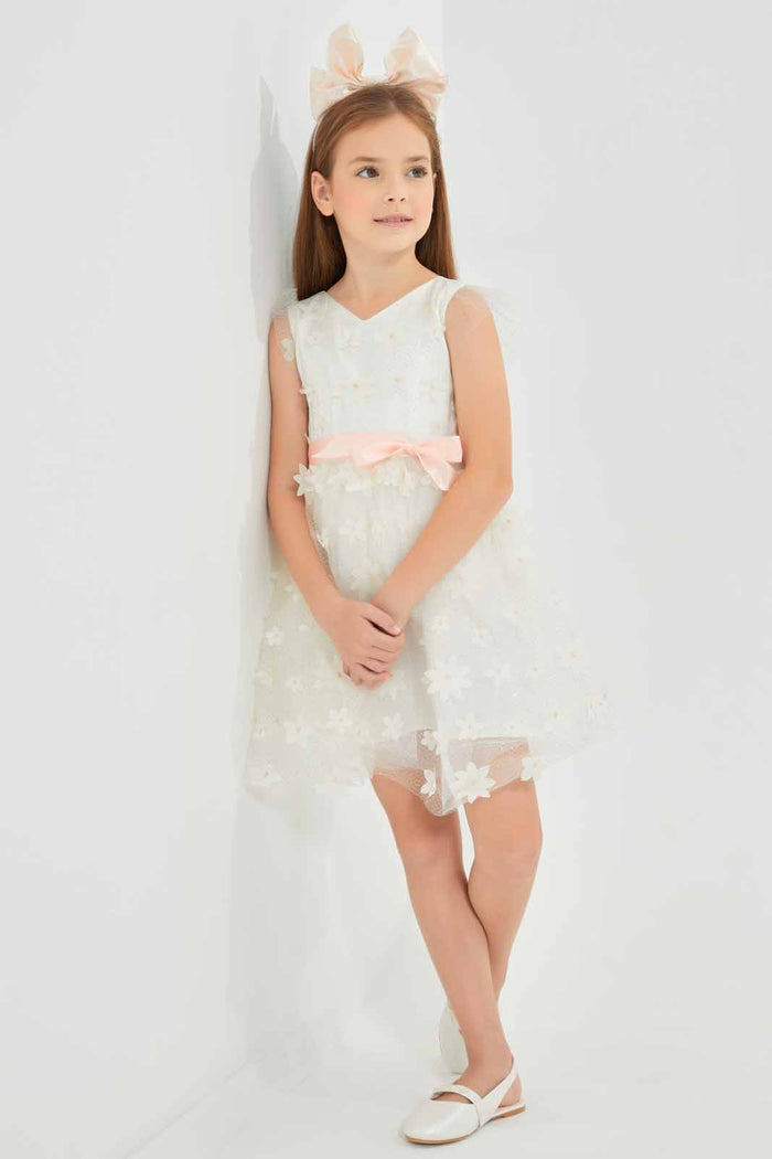 Redtag-White-Mesh-Floral-Applique-Dress-White-Gold-Category:Dresses,-Colour:White,-Deals:New-In,-EID,-Filter:Girls-(2-to-8-Yrs),-GIR-Dresses,-New-In-GIR-APL,-Non-Sale,-Section:Girls-(0-to-14Yrs),-W22O-Girls-2 to 8 Years