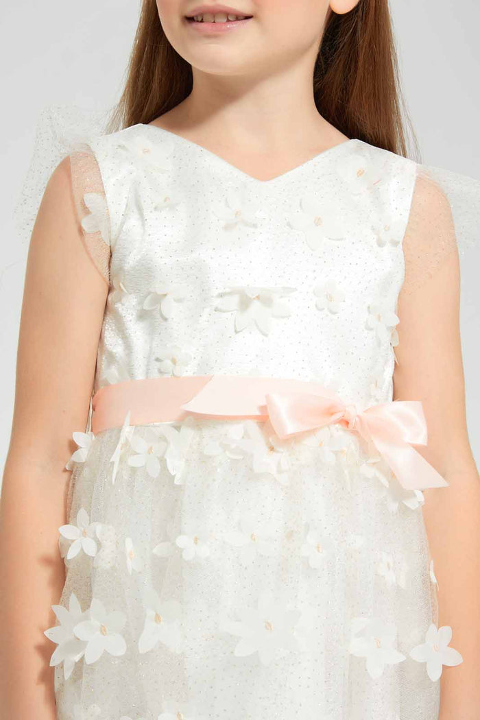 Redtag-White-Mesh-Floral-Applique-Dress-White-Gold-Category:Dresses,-Colour:White,-Deals:New-In,-EID,-Filter:Girls-(2-to-8-Yrs),-GIR-Dresses,-New-In-GIR-APL,-Non-Sale,-Section:Girls-(0-to-14Yrs),-W22O-Girls-2 to 8 Years