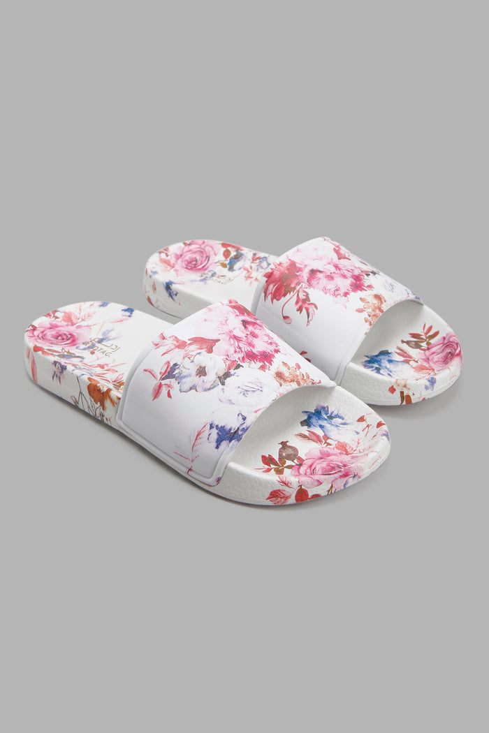 Redtag-White-Floral-Print-Slide-Category:Flip-Flops,-Colour:White,-Deals:New-In,-Filter:Women's-Footwear,-New-In-Women-FOO,-Non-Sale,-Section:Women,-W22A,-Women-Flip-Flops-Women's-