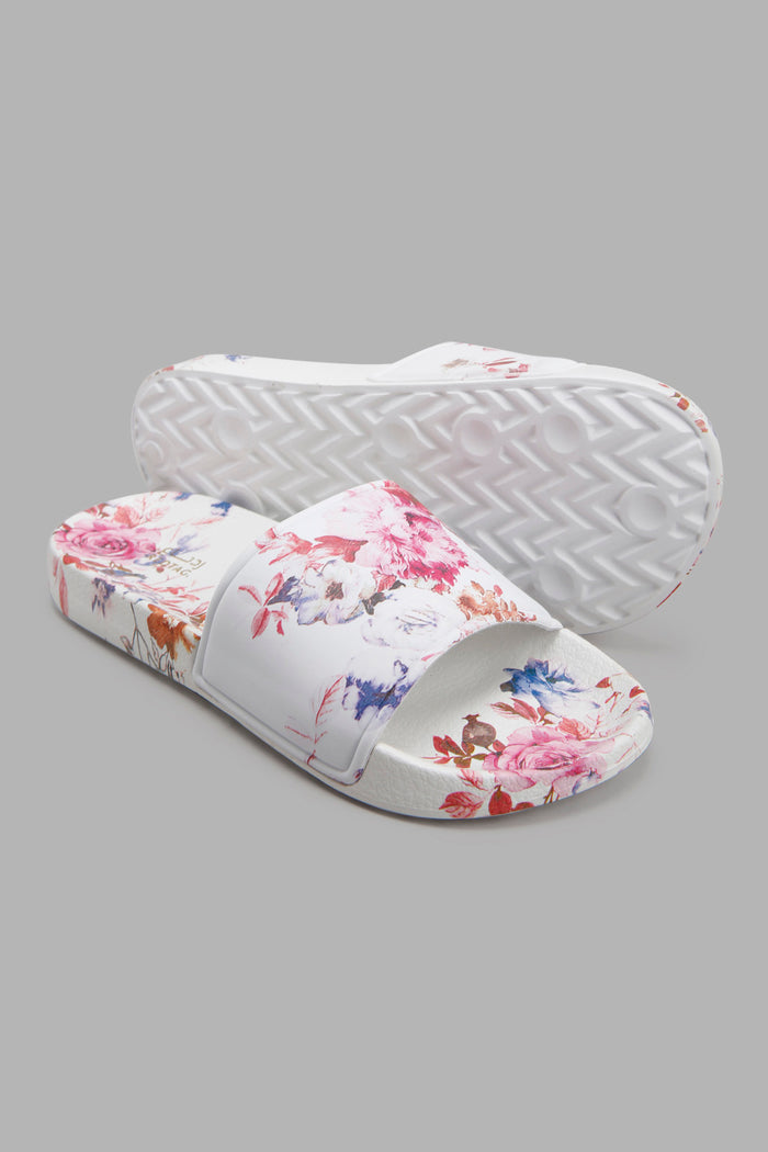 Redtag-White-Floral-Print-Slide-Category:Flip-Flops,-Colour:White,-Deals:New-In,-Filter:Women's-Footwear,-New-In-Women-FOO,-Non-Sale,-Section:Women,-W22A,-Women-Flip-Flops-Women's-