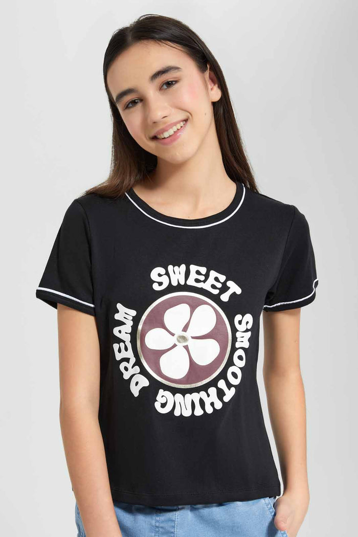 Redtag-Black-Crop-Ringer-T-Shirt-T-Shirt-Category:T-Shirts,-Colour:Black,-Deals:New-In,-Filter:Senior-Girls-(9-to-14-Yrs),-GSR-T-Shirts,-New-In-GSR-APL,-Non-Sale,-Section:Girls-(0-to-14Yrs),-TBL,-W22O-Senior-Girls-9 to 14 Years