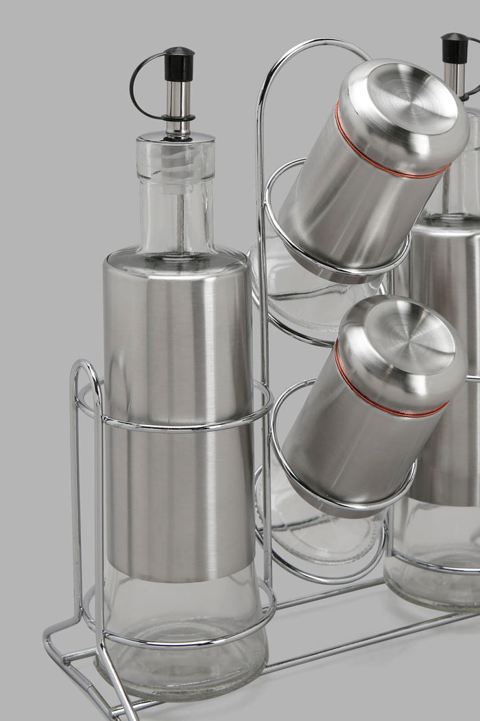 Redtag-Silver-Glass-Oil-And-Pepper-Jar-Set-(5Peice)-Category:0,-Colour:Silver,-Deals:New-In,-Filter:Home-Dining,-HMW-DIN-Storage,-New-In-HMW-DIN,-Non-Sale,-Section:Homewares,-W22A-Home-Dining-