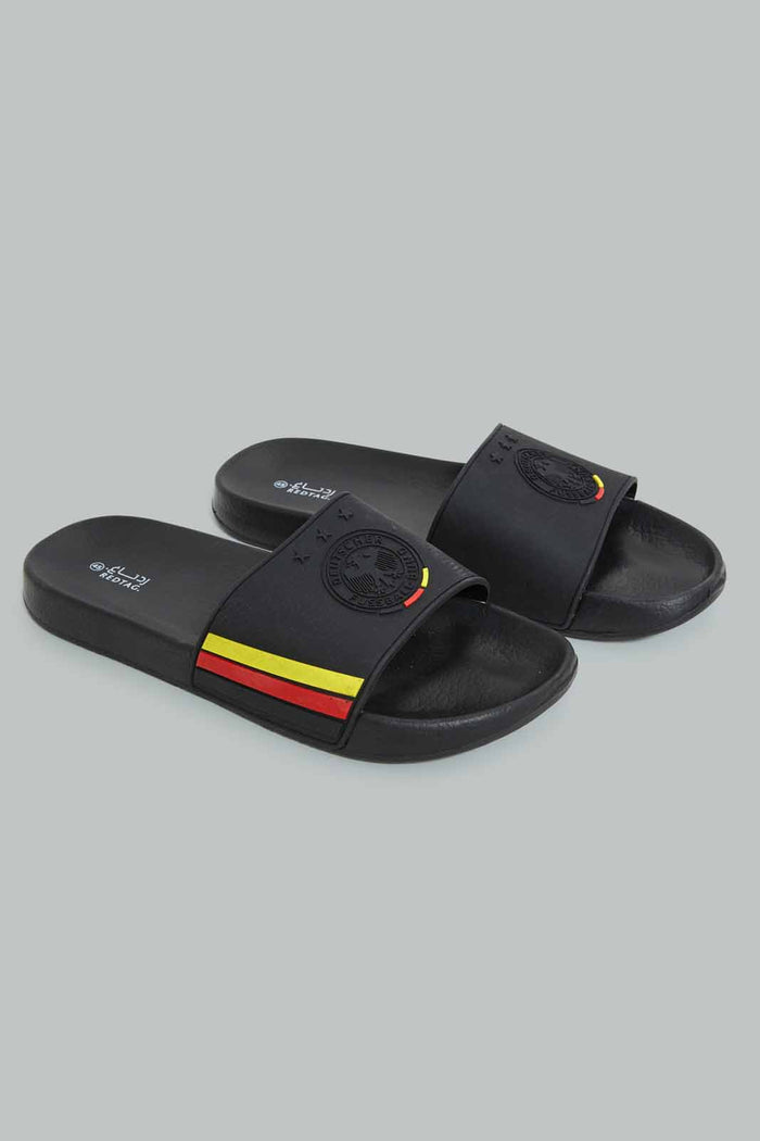 Redtag-Black-Germany-Embossed-Slide-BSR-Flip-Flops,-Category:Flip-Flops,-Colour:Black,-Deals:New-In,-Filter:Boys-Footwear-(5-to-14-Yrs),-New-In-BSR-FOO,-Non-Sale,-Section:Boys-(0-to-14Yrs),-W22B-Senior-Boys-5 to 14 Years