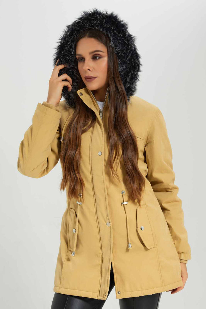 Redtag-Beige-L/S-Hooded-Fur-Puffer-Padded-Jacket-Category:Jackets,-Colour:Beige,-Deals:New-In,-EHW,-Filter:Women's-Clothing,-New-In-Women-APL,-Non-Sale,-Section:Women,-W22B,-Women-Jackets-Women's-