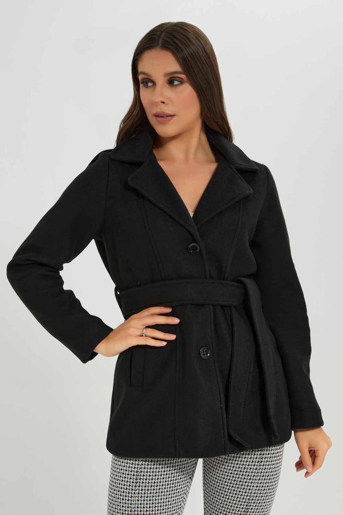 Redtag-Black-L/S-Plain-Notch-Collar-Hooded-Belted-Coat-Category:Jackets,-Colour:Black,-Deals:New-In,-EHW,-Filter:Women's-Clothing,-New-In-Women-APL,-Non-Sale,-Section:Women,-W22B,-Women-Jackets-Women's-