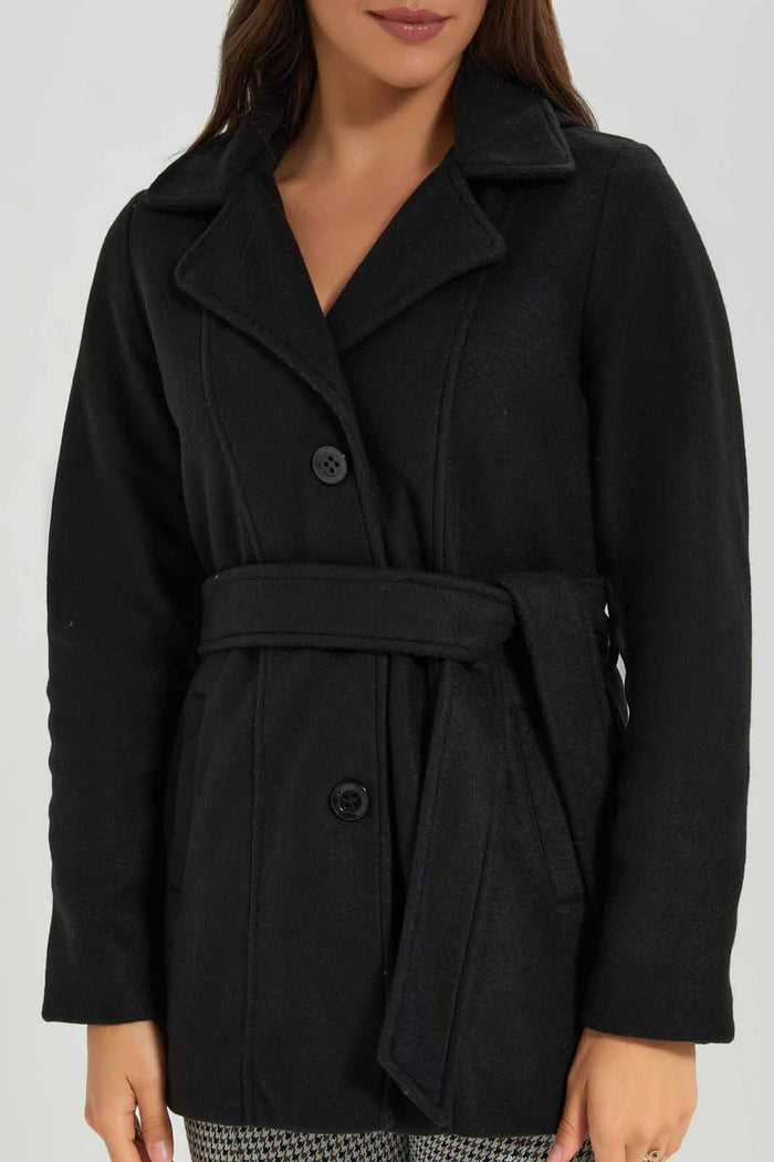 Redtag-Black-L/S-Plain-Notch-Collar-Hooded-Belted-Coat-Category:Jackets,-Colour:Black,-Deals:New-In,-EHW,-Filter:Women's-Clothing,-New-In-Women-APL,-Non-Sale,-Section:Women,-W22B,-Women-Jackets-Women's-