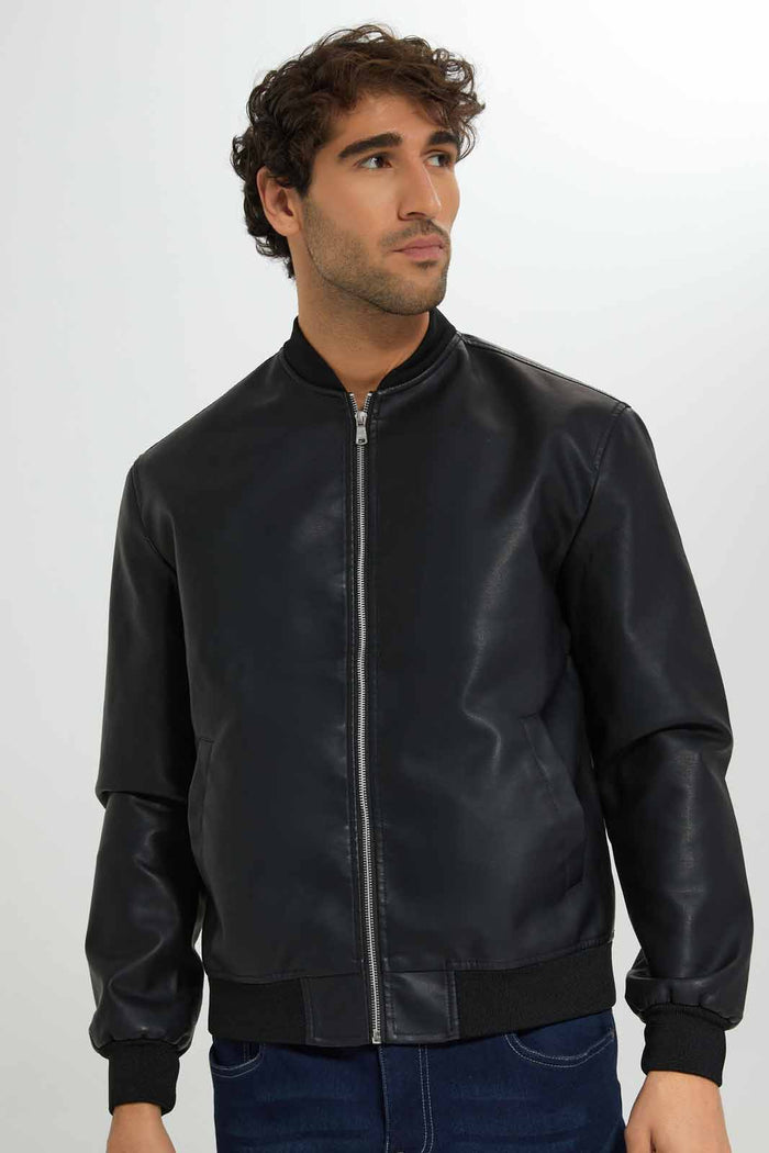 Redtag-Black-PU-Bomber-Jacket-Category:Jackets,-Colour:Black,-Deals:New-In,-Filter:Men's-Clothing,-Men-Jackets,-New-In-Men-APL,-Non-Sale,-Section:Men,-W22B-Men's-