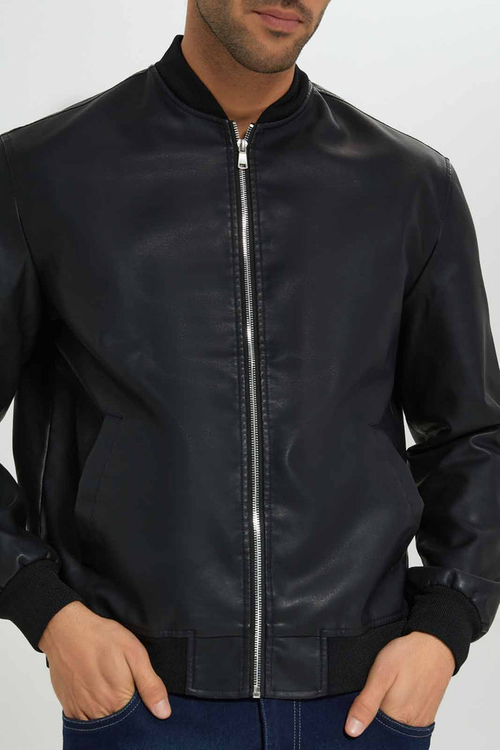 Redtag-Black-PU-Bomber-Jacket-Category:Jackets,-Colour:Black,-Deals:New-In,-Filter:Men's-Clothing,-Men-Jackets,-New-In-Men-APL,-Non-Sale,-Section:Men,-W22B-Men's-