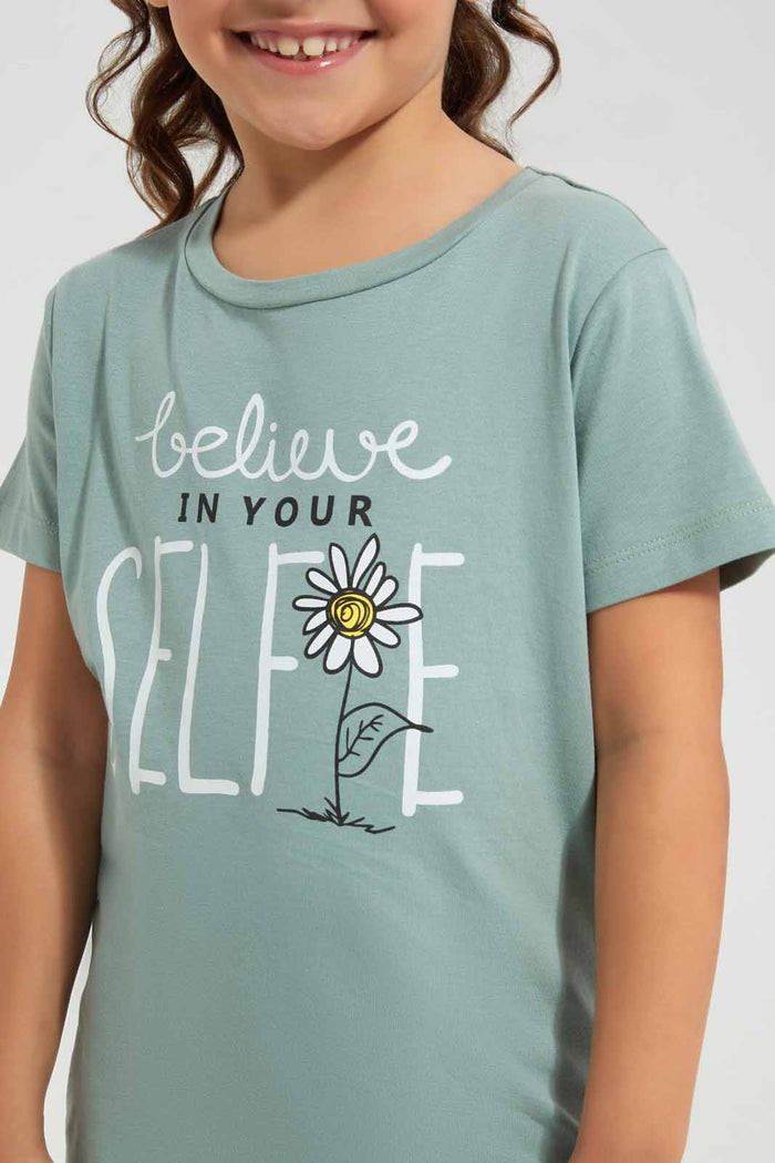 Redtag-Green-Basic-Believe-Placement-Tee-Category:T-Shirts,-Colour:Green,-Deals:New-In,-Filter:Girls-(2-to-8-Yrs),-GIR-T-Shirts,-New-In-GIR-APL,-Non-Sale,-Section:Girls-(0-to-14Yrs),-TBL,-W22O-Girls-2 to 8 Years