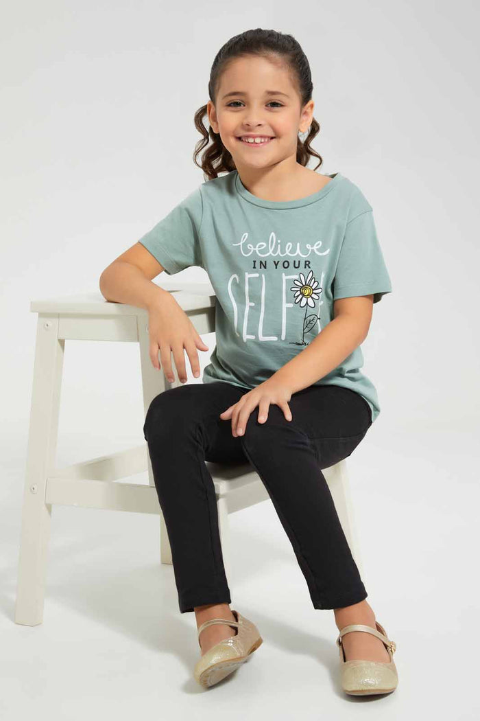 Redtag-Green-Basic-Believe-Placement-Tee-Category:T-Shirts,-Colour:Green,-Deals:New-In,-Filter:Girls-(2-to-8-Yrs),-GIR-T-Shirts,-New-In-GIR-APL,-Non-Sale,-Section:Girls-(0-to-14Yrs),-TBL,-W22O-Girls-2 to 8 Years