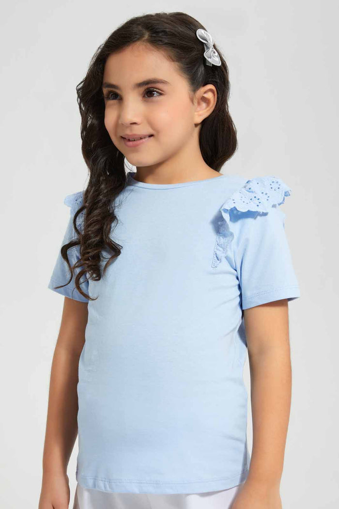 Redtag-Blue-Anglaise-Ruffle-T-Shirt---Blue-Heart-Category:T-Shirts,-Colour:Blue,-Deals:New-In,-Filter:Girls-(2-to-8-Yrs),-GIR-T-Shirts,-New-In-GIR,-Non-Sale,-Section:Girls-(0-to-14Yrs),-TBL,-W22O-Girls-2 to 8 Years