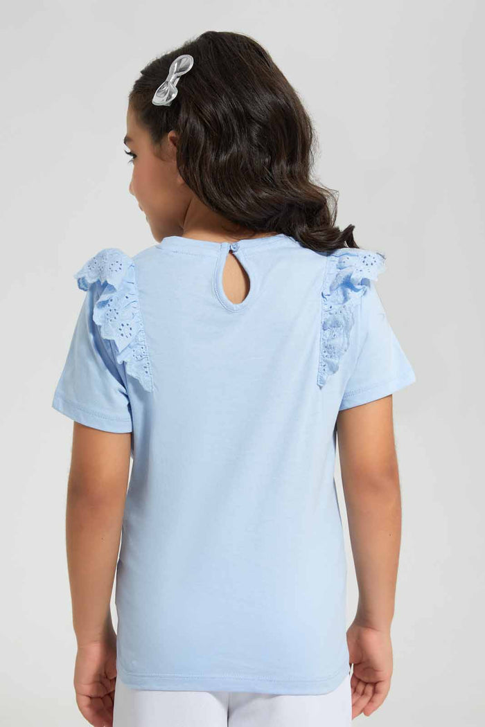 Redtag-Blue-Anglaise-Ruffle-T-Shirt---Blue-Heart-Category:T-Shirts,-Colour:Blue,-Deals:New-In,-Filter:Girls-(2-to-8-Yrs),-GIR-T-Shirts,-New-In-GIR,-Non-Sale,-Section:Girls-(0-to-14Yrs),-TBL,-W22O-Girls-2 to 8 Years