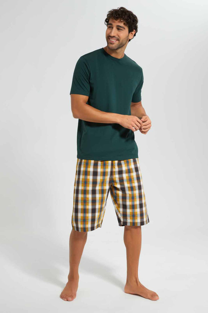 Redtag-Olive-Green-Pyjama-Set-With-Check-Shorts-Category:Pyjama-Sets,-Colour:Olive,-Deals:New-In,-Filter:Men's-Clothing,-Men-Pyjama-Sets,-New-In-Men,-Non-Sale,-Section:Men,-W22O-Men's-