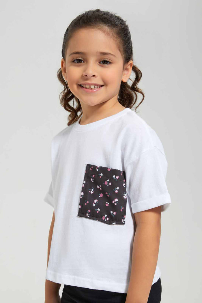 Redtag-White-Boxy-Pocket-Detail-TEE-Category:T-Shirts,-Colour:White,-Deals:New-In,-Filter:Girls-(2-to-8-Yrs),-GIR-T-Shirts,-New-In-GIR-APL,-Non-Sale,-Section:Girls-(0-to-14Yrs),-TBL,-W22O-Girls-2 to 8 Years