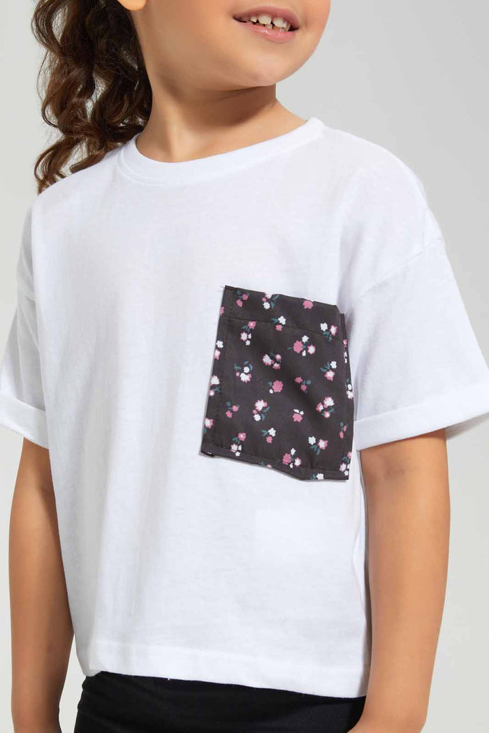 Redtag-White-Boxy-Pocket-Detail-TEE-Category:T-Shirts,-Colour:White,-Deals:New-In,-Filter:Girls-(2-to-8-Yrs),-GIR-T-Shirts,-New-In-GIR-APL,-Non-Sale,-Section:Girls-(0-to-14Yrs),-TBL,-W22O-Girls-2 to 8 Years
