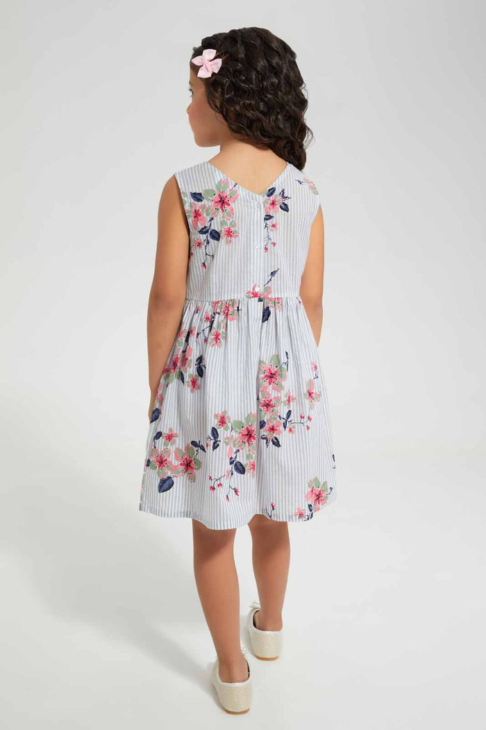 Redtag-Blue-Stripe-Floral-Printed-Dress-Category:Dresses,-Colour:Blue,-Deals:New-In,-Filter:Girls-(2-to-8-Yrs),-GIR-Dresses,-New-In-GIR-APL,-Non-Sale,-Section:Girls-(0-to-14Yrs),-W22O-Girls-2 to 8 Years