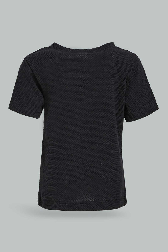 Redtag-Black-Jacquard-Tee-Category:T-Shirts,-Colour:Black,-Deals:New-In,-Dept:Boys,-Filter:Infant-Boys-(3-to-24-Mths),-INB-T-Shirts,-New-In-INB-APL,-Non-Sale,-Section:Boys-(0-to-14Yrs),-W22O-Infant-Boys-3 to 24 Months