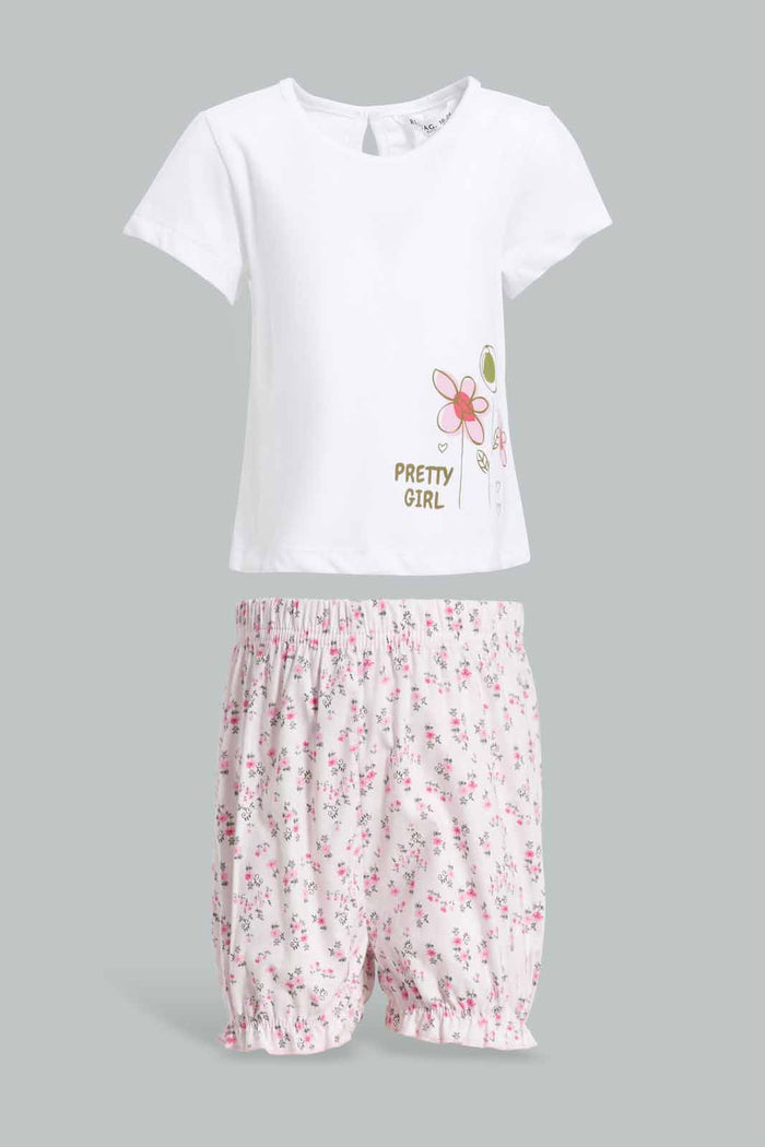 Redtag-White-Floral-Print-T-Shirt-With-Pink-All-Over-Print-Category:Sets,-Colour:White,-Deals:New-In,-Filter:Infant-Girls-(3-to-24-Mths),-ING-Sets,-New-In-ING-APL,-Non-Sale,-Section:Girls-(0-to-14Yrs),-W22O-Infant-Girls-3 to 24 Months