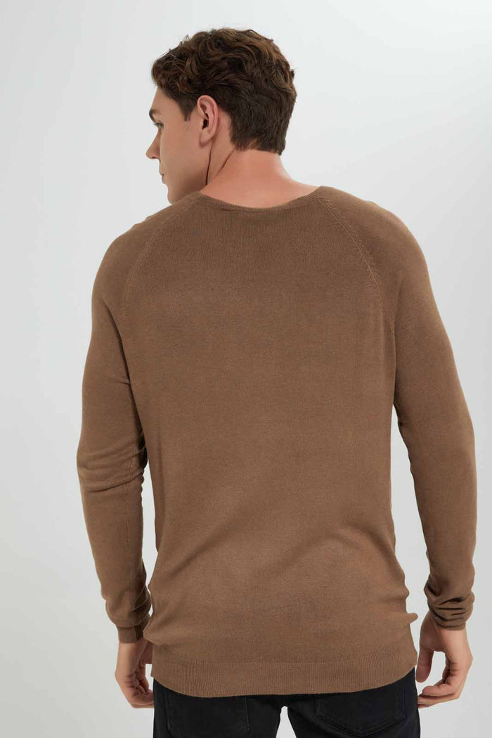 Redtag-Brown-Crew-Neck-Sweater-Category:Cardigans,-Colour:Brown,-Deals:New-In,-Filter:Men's-Clothing,-Men-Cardigans,-New-In-Men-APL,-Non-Sale,-Section:Men,-TBL,-W22B-Men's-