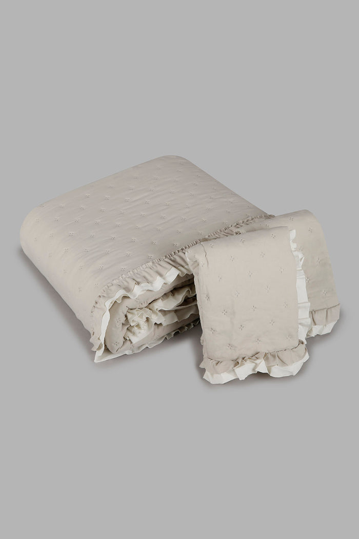Redtag-Beige-3-Pc-Dotted-Bedspread-With-Ruffles-(Double-Size)-Category:Bedspreads,-Colour:Beige,-Deals:New-In,-Filter:Home-Bedroom,-HMW-BED-Bedspreads,-New-In-HMW-BED,-Non-Sale,-Section:Homewares,-W22B-Home-Bedroom-
