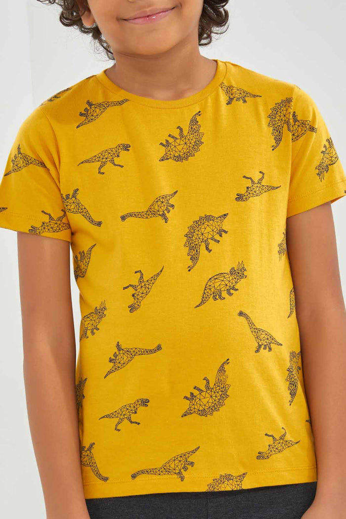 Redtag-Yellow-Dino-All-Over-Print-T-shirt-BOY-T-Shirts,-Category:T-Shirts,-Colour:Yellow,-Deals:New-In,-Filter:Boys-(2-to-8-Yrs),-New-In-BOY-APL,-Non-Sale,-Section:Boys-(0-to-14Yrs),-TBL,-W22A-Boys-2 to 8 Years