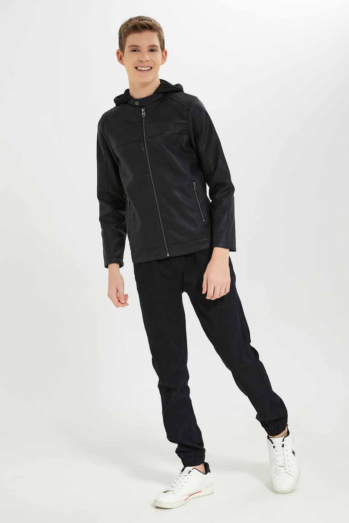 Redtag-Black-PU-Jacket-With-Hood-BSR-Jackets,-Category:Jackets,-Colour:Black,-Deals:New-In,-Dept:Boys,-Filter:Senior-Boys-(8-to-14-Yrs),-New-In-BSR-APL,-Non-Sale,-Section:Boys-(0-to-14Yrs),-W22B-Senior-Boys-9 to 14 Years