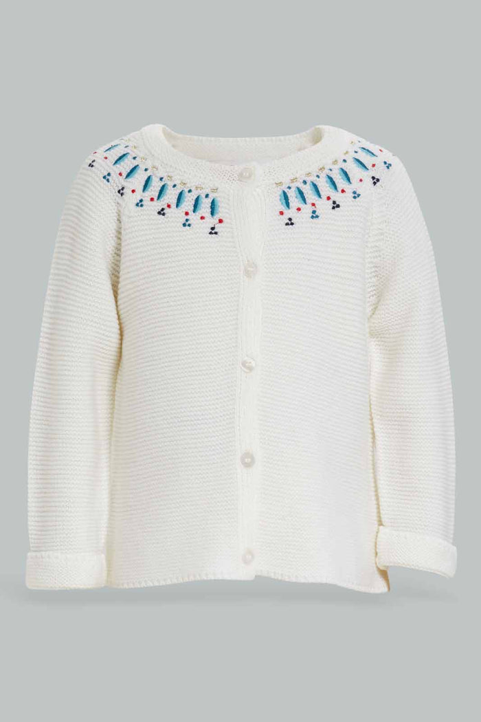 Redtag-Ivory-Front-Neck-Embroidery-Cardigan-Category:Cardigans,-Colour:Ivory,-Deals:New-In,-Filter:Infant-Girls-(3-to-24-Mths),-ING-Cardigans,-New-In-ING-APL,-Non-Sale,-Section:Girls-(0-to-14Yrs),-W22B-Infant-Girls-3 to 24 Months