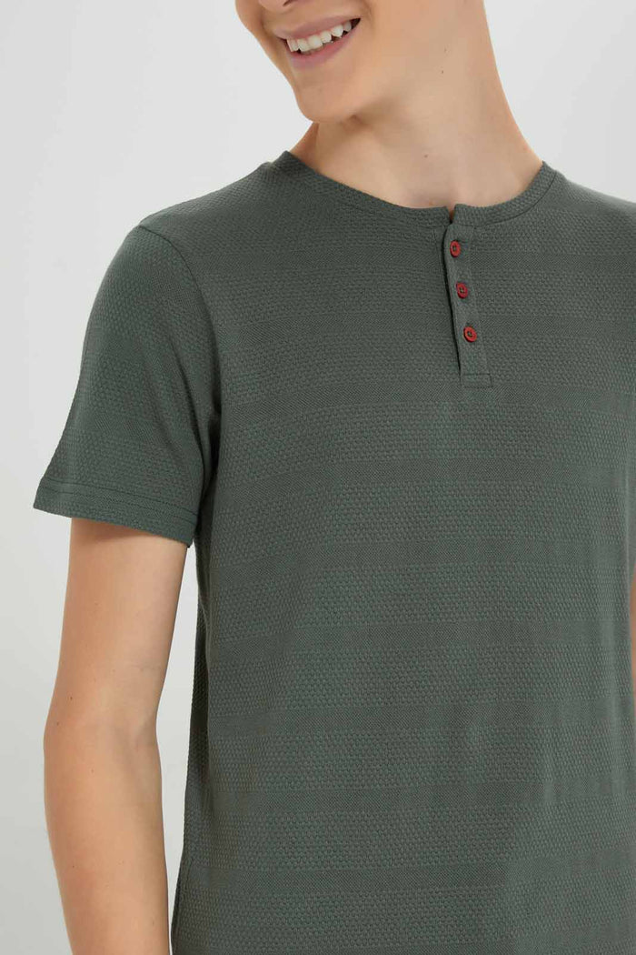 Redtag-Olive-Jacquard-Heneley-T-Shirt-BSR-T-Shirts,-Category:T-Shirts,-Colour:Charcoal,-Deals:New-In,-Filter:Senior-Boys-(8-to-14-Yrs),-New-In-BSR-APL,-Non-Sale,-Section:Boys-(0-to-14Yrs),-TBL,-W22A-Senior-Boys-9 to 14 Years