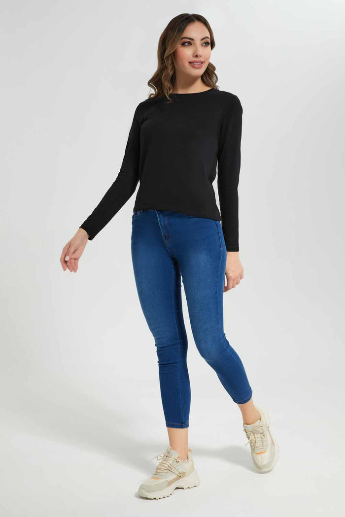 Redtag-Black-Plain-Crew-Neck-Long-Sleeve-T-Shirt-Category:T-Shirts,-Colour:Black,-Deals:New-In,-Filter:Women's-Clothing,-New-In-Women-APL,-Non-Sale,-Section:Women,-TBL,-W22B,-Women-T-Shirts-Women's-