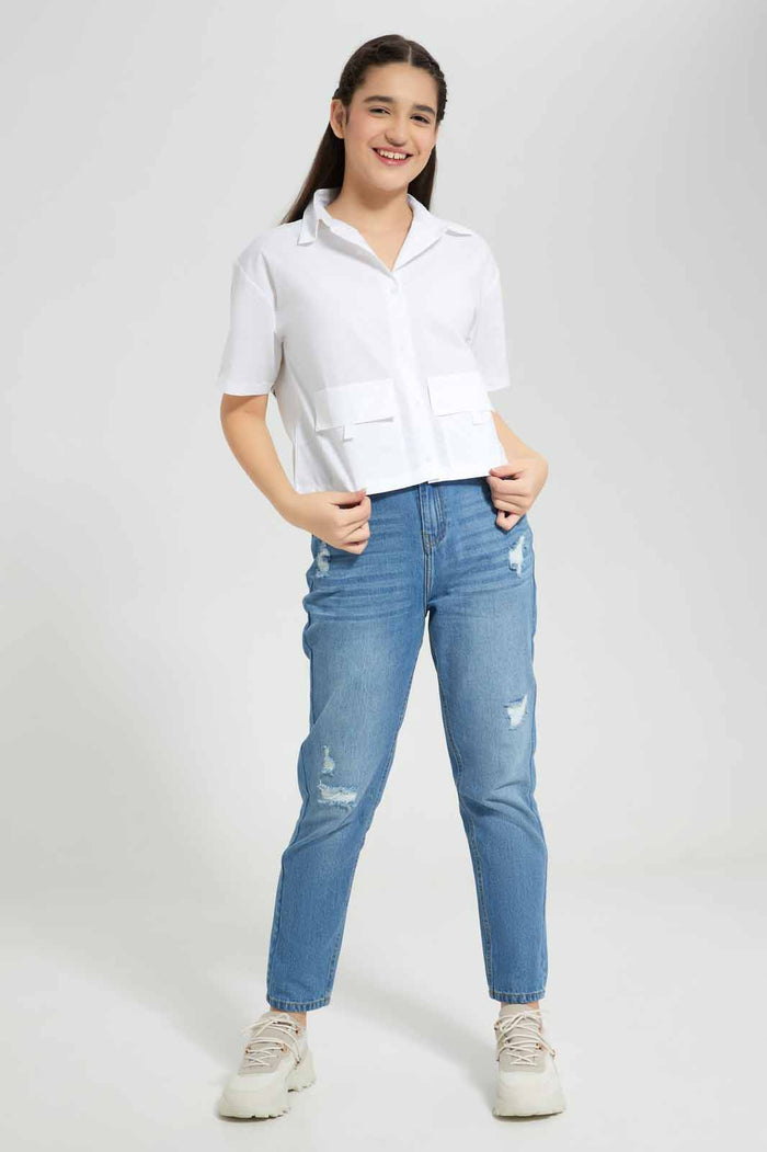 Redtag-White-Crop-Shirt-Category:Blouses,-Colour:White,-Deals:New-In,-Filter:Senior-Girls-(8-to-14-Yrs),-GSR-Blouses,-New-In-GSR-APL,-Non-Sale,-Section:Girls-(0-to-14Yrs),-W22A-Senior-Girls-9 to 14 Years