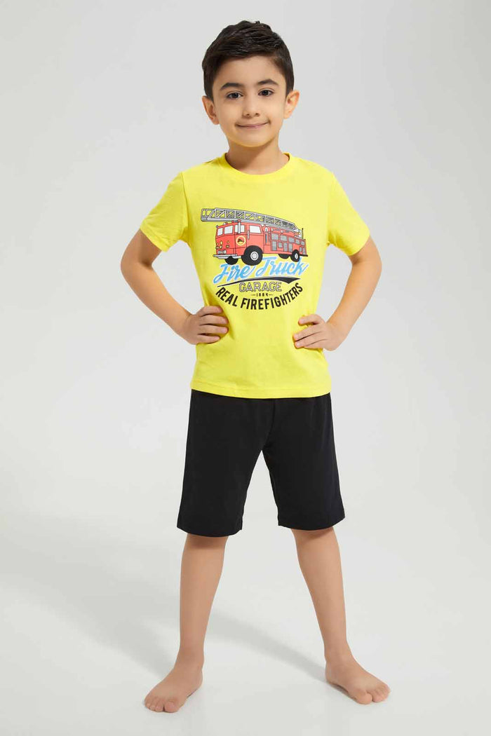 Redtag-Yellow-Fire-Truck-Print-T-Shirt-And-Short-Pyjama-BOY-Pyjama-Sets,-Category:Pyjama-Sets,-Colour:Yellow,-Deals:New-In,-Filter:Boys-(2-to-8-Yrs),-New-In-BOY-APL,-Non-Sale,-Section:Boys-(0-to-14Yrs),-VLM,-W22A-Boys-2 to 8 Years