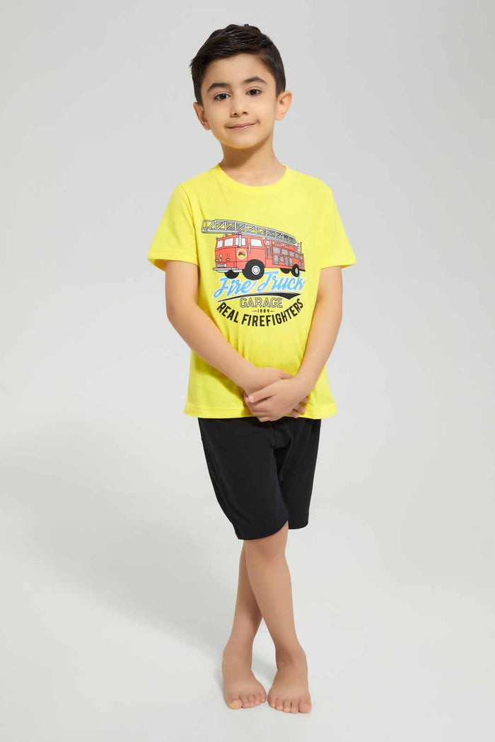 Redtag-Yellow-Fire-Truck-Print-T-Shirt-And-Short-Pyjama-BOY-Pyjama-Sets,-Category:Pyjama-Sets,-Colour:Yellow,-Deals:New-In,-Filter:Boys-(2-to-8-Yrs),-New-In-BOY-APL,-Non-Sale,-Section:Boys-(0-to-14Yrs),-VLM,-W22A-Boys-2 to 8 Years