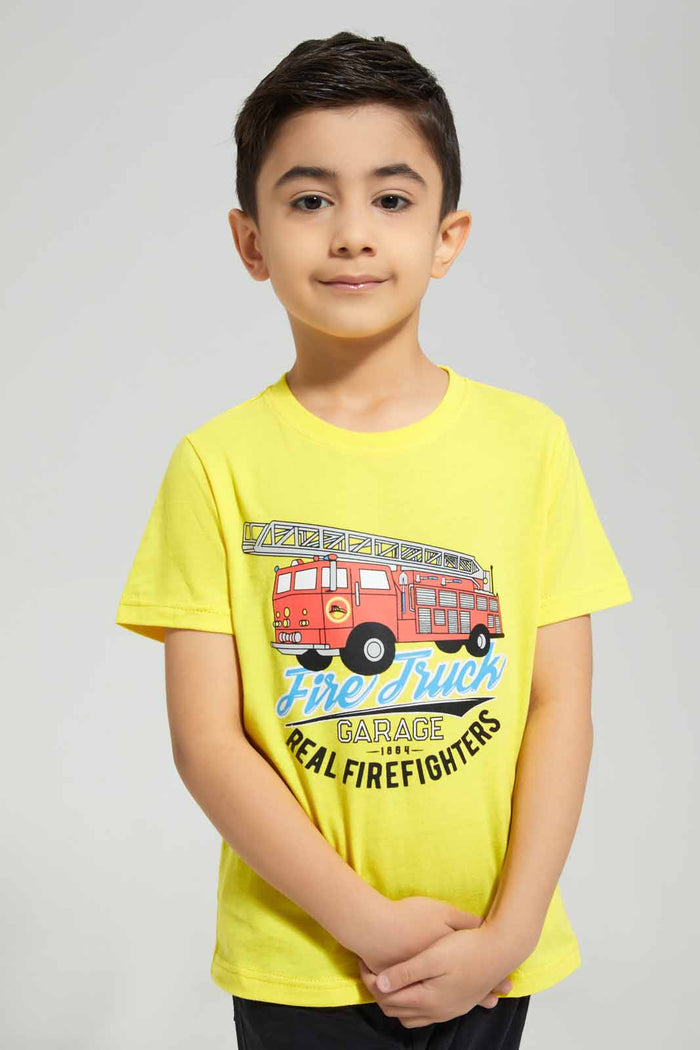 Redtag-Yellow-Fire-Truck-Print-T-Shirt-And-Short-Pyjama-BOY-Pyjama-Sets,-Category:Pyjama-Sets,-Colour:Yellow,-Deals:New-In,-Filter:Boys-(2-to-8-Yrs),-New-In-BOY-APL,-Non-Sale,-Section:Boys-(0-to-14Yrs),-VLM,-W22A-Boys-2 to 8 Years