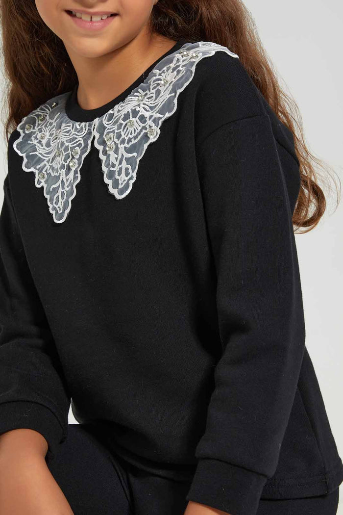 Redtag-Black-L/S-Sweatshirt-With-Lace-Collar-Category:Sweatshirts,-Colour:Black,-Deals:New-In,-Filter:Girls-(2-to-8-Yrs),-GIR-Sweatshirts,-New-In-GIR-APL,-Non-Sale,-Section:Girls-(0-to-14Yrs),-W22B-Girls-2 to 8 Years